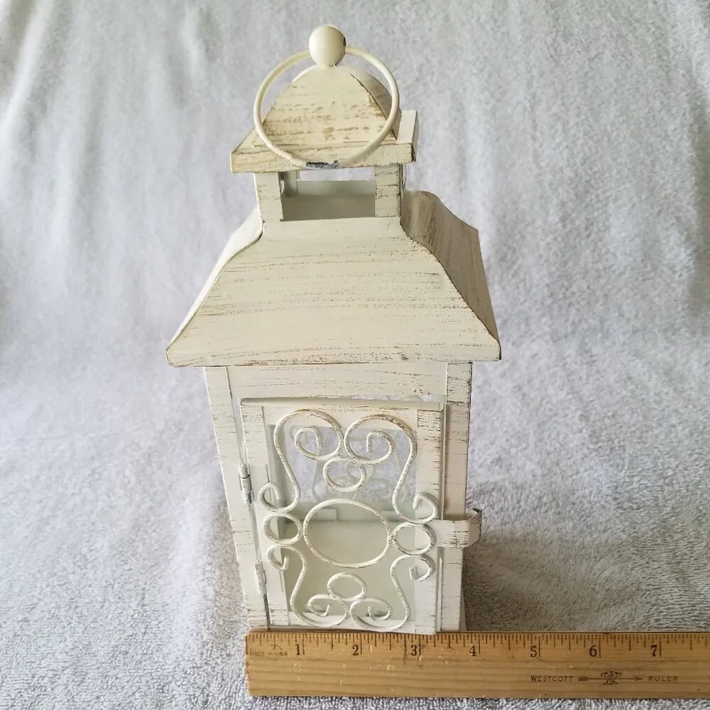 ASHLAND'S ELEGANT LANTERN ANTIQUE FILIGREE OFF WHITE - DISTRESSED DESIGN METAL